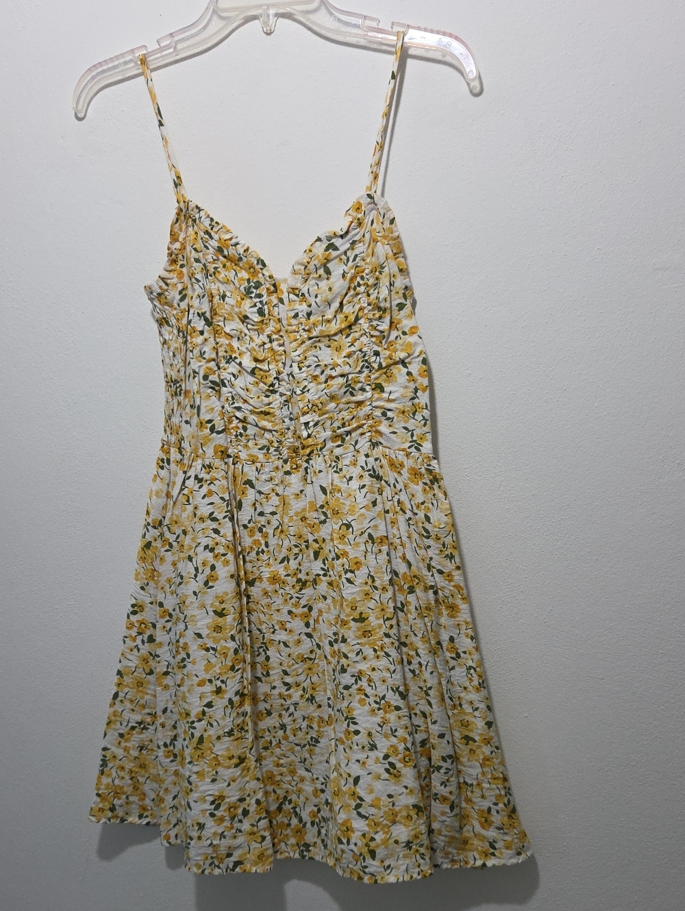 Sienna Sky Yellow Floral Ruched Spaghetti Strap Mini Dress